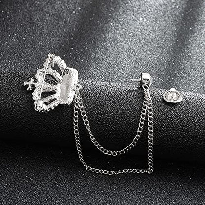 Rhinestone Crown Long Chain Brooch.Gold Silver Tassel Brooch Pin,Retro Crystal Suit Pins Collar Coat Pin for Men's Accessories Pin Husband Gifts - color: Silver 2