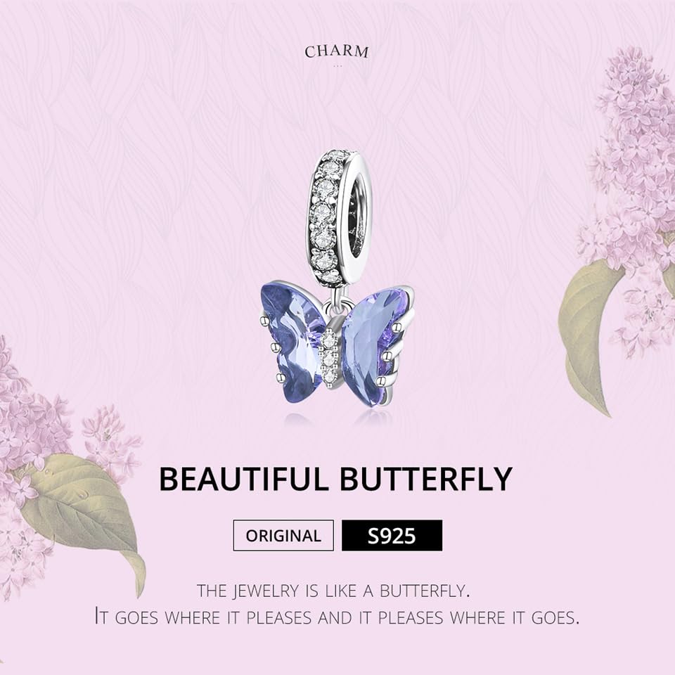 Hummingbird Charms For Bracelets 925 Sterling Silver Animal Dangle & Beads Butterfly Cat Beads Charms For Women Jewelry Gift - color: blue butterfly