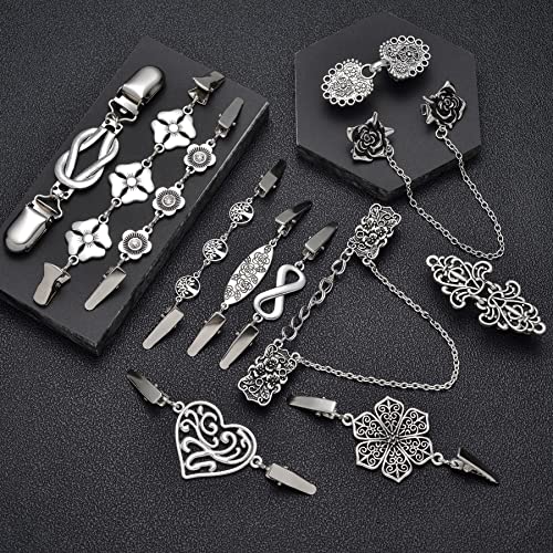 12pcs Vintage Sweater Shawl Clips Retro Cardigan Collar Shirt Waist Dresses Chain Clip Antique Flowers Pattern Brooch Pins for Women - style: A:12Pcs