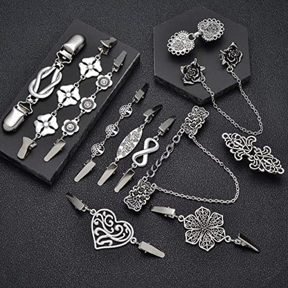 12pcs Vintage Sweater Shawl Clips Retro Cardigan Collar Shirt Waist Dresses Chain Clip Antique Flowers Pattern Brooch Pins for Women - style: A:12Pcs