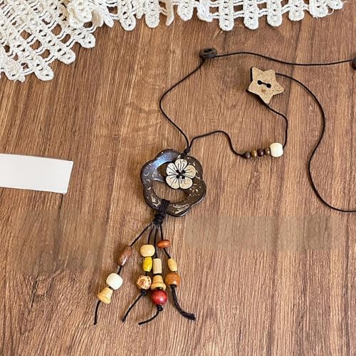 Boho Necklace for Women Long Layered Wooden Leather Leaf Pendant Statement Necklace Vintage Boho Jewelry - style: Flower B