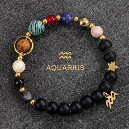 Solar System Planet Bead Zodiac Sign Stretch Bracelet for Men Women | Matte black beads with solar system planet stones, unisex design, perfect birthday holiday gift for men women - color: Aquarius