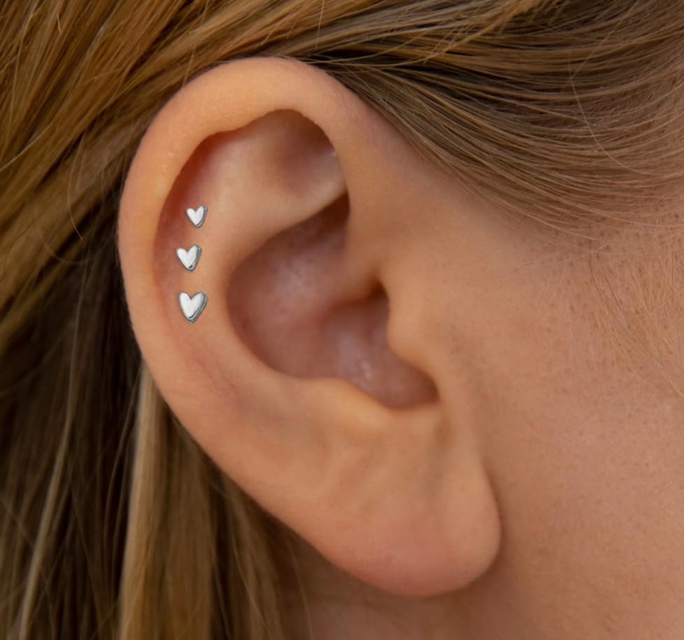 20G/18G/16G Titanium Flat Back Earrings, Threadless Nose Stud Tiny Stud Earrings, Cartilage Tragus Piercing Jewelry Conch Helix Stud - color: Heart (silver 3pcs), size: 18ga(1.0mm)