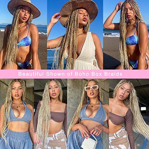 Unionbeauty 18 Inch Boho Box Braids Crochet Hair Pre-looped 8 PCS Goddess Box Braids Crochet Hair Curly Ends Mix Blonde Bohemian Hippie Crochet Braids Synthetic Braiding Hair for Black Woman M27/613# - color: M27/613, size: 18 Inch (Pack of 8)