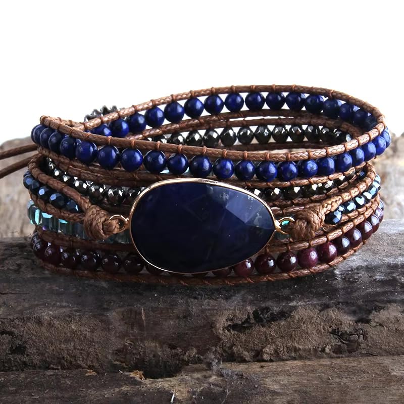 Women Wrap Bracelets Boho Natural Stone Jasper Turquoises Strand Bracelet Jewelry Collection - color: Obsidian