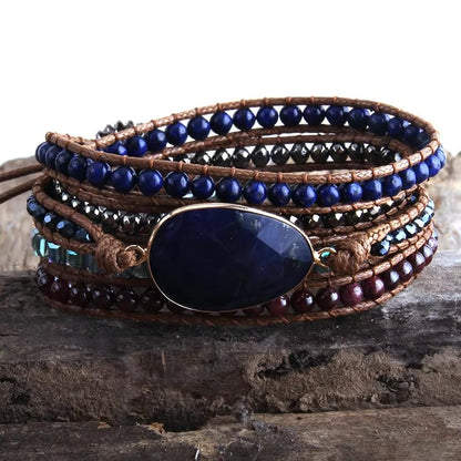 Women Wrap Bracelets Boho Natural Stone Jasper Turquoises Strand Bracelet Jewelry Collection - color: Obsidian
