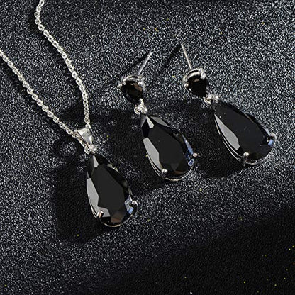 Wedding Jewelry Set for Bridesmaids - Sterling Silver Teardrop CZ Crystal Cubic Zirconia Rhinestone Diamond Bridal Necklace Earrings Set for Bride Mother of Bride Party Prom Birthstone Costume Jewelry - color: Dec-Black Zircon