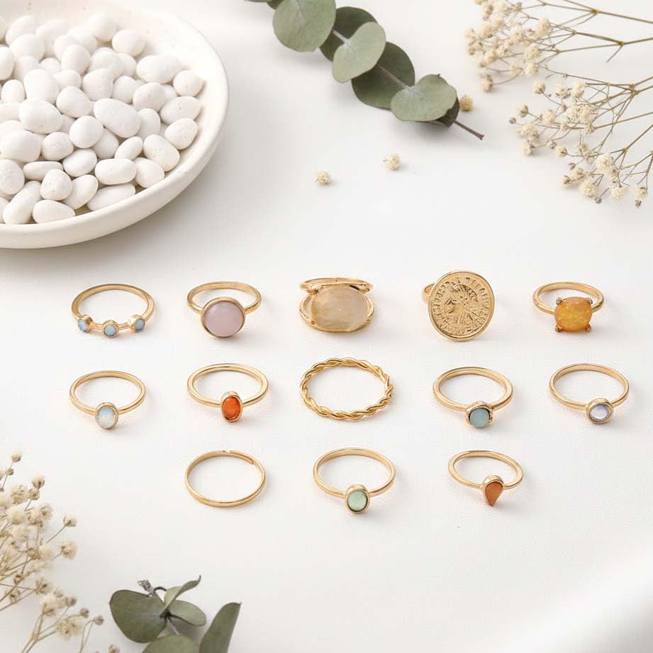 Chunky Gold Rings for Women Non Tarnish, Baroque Pearl Flower Tiger's Eye Stone Rings Adjustable Stacking Statement Rings Set Fashion Jewelry Gifts - style: Small colorful gem