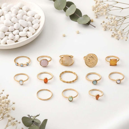 Chunky Gold Rings for Women Non Tarnish, Baroque Pearl Flower Tiger's Eye Stone Rings Adjustable Stacking Statement Rings Set Fashion Jewelry Gifts - style: Small colorful gem