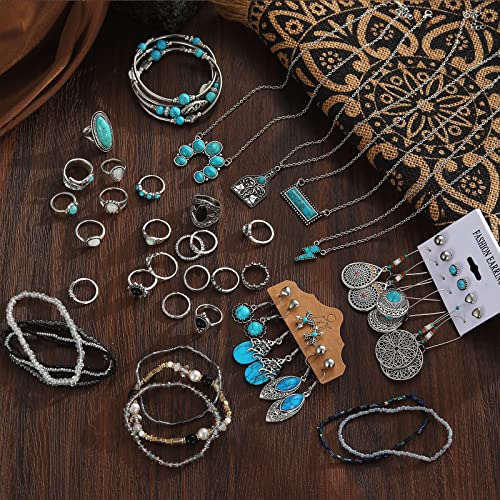 IFKM Bohemian Jewelry Set With Turquoise Necklace, Dangle Earrings, Stackable Bangle Bracelets, Knuckle Rings For Women Vintage Western Boho Turquoise Anniversary Birthday Friendship Gift - style: Western cowboy