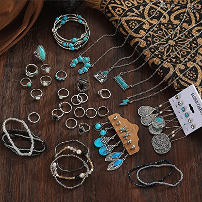 IFKM Bohemian Jewelry Set With Turquoise Necklace, Dangle Earrings, Stackable Bangle Bracelets, Knuckle Rings For Women Vintage Western Boho Turquoise Anniversary Birthday Friendship Gift - style: Western cowboy