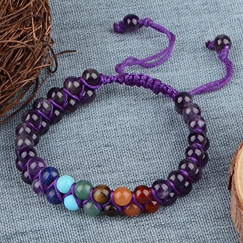 MASSIVE BEADS Double Layer Natural Chakra Healing Power Crystals Macrame Bracelet Yoga Stone Beads Gemstone Meditation Relax Anxiety Bangle for Unisex Women Men - color: 7-Chakras&Amethyst, size: 4mm
