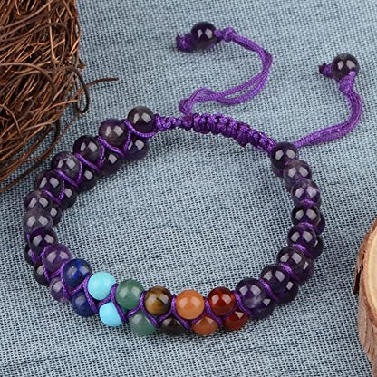 MASSIVE BEADS Double Layer Natural Chakra Healing Power Crystals Macrame Bracelet Yoga Stone Beads Gemstone Meditation Relax Anxiety Bangle for Unisex Women Men - color: 7-Chakras&Amethyst, size: 6mm