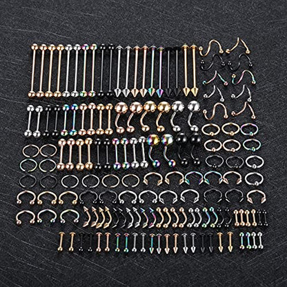 Oveta 150-151PCS Body Piercing Jewelry Lot 14G 16G 20G Stainless Steel Nose Lip Tongue Cartilage Tragus Eyebrow Industrial Barbell Belly Button Rings Piercing Kit Jewelry - style: 150pcs-Mixed Color