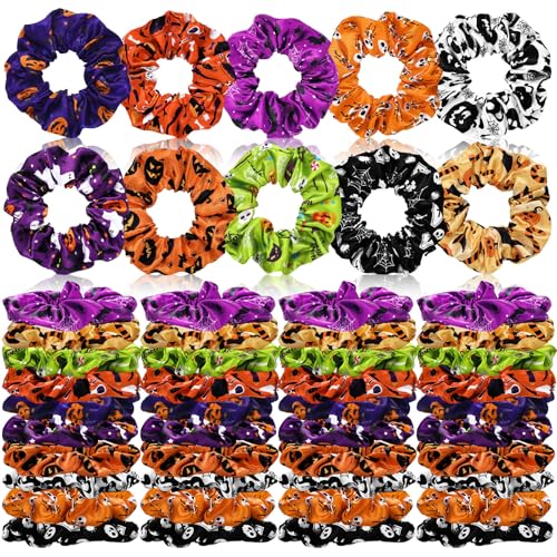 80 Pcs Halloween Satin Hair Scrunchies Pumpkin Skull Black Cat Silk Hair Ties Elastic Bands Ropes Ponytail Holders Ties Halloween Accessories for Women Party Favors - style: Pumpkin