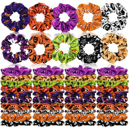 80 Pcs Halloween Satin Hair Scrunchies Pumpkin Skull Black Cat Silk Hair Ties Elastic Bands Ropes Ponytail Holders Ties Halloween Accessories for Women Party Favors - style: Pumpkin