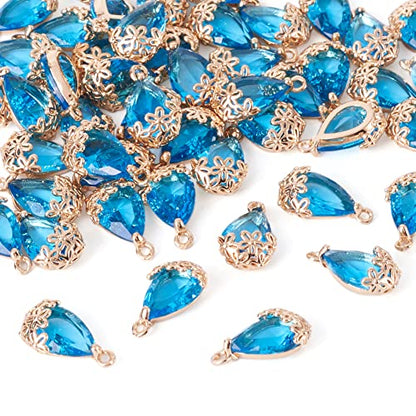 FASHEWELRY 50Pcs Faceted Teardrop Glass Pendants Transparent Crystal Drop Charms with Light Gold Brass Flower Setting for DIY Bracelet Necklace Earring Jewelry Craft Making - color: Light Blue