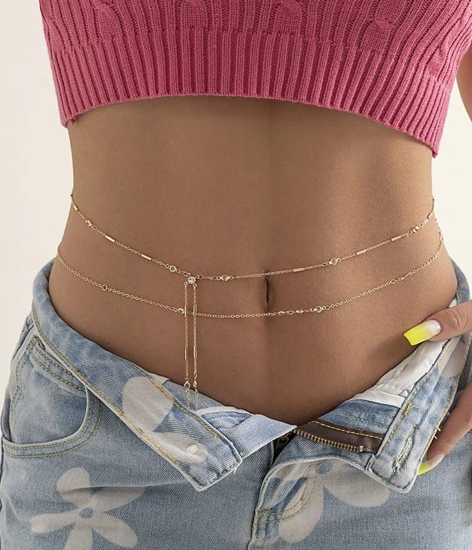 Gold Belly Waist Chain Adjustable Multilayer Sexy Bikini Waist Chain for Women Crystal Zircon Waist Layered Belly Chain for Women