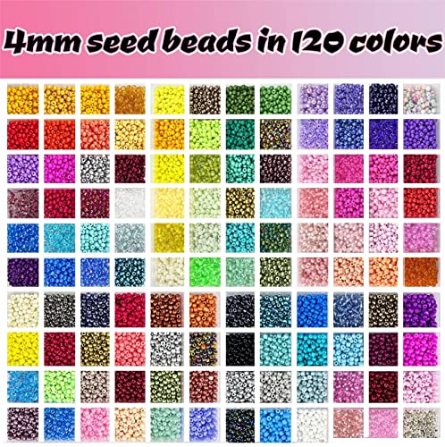 14400pcs Glass Seed Beads for Jewelry Making Kit, 120 Colors 4mm Small Beads Kit Bracelet Beads with Letter Evil Eye Beads Jump Rings & Charms Pendants for Bracelets Making, DIY, Adult Craft Supplies