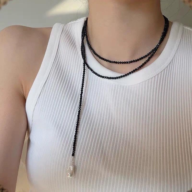 Long Green Beaded Lariat Necklace for Women Slip Tie Adjustable Wrap Around Black Beads Choker Baroque Long Pearl Drop Pendant Y Shaped Lariat Necklace Jewelry - color: Black