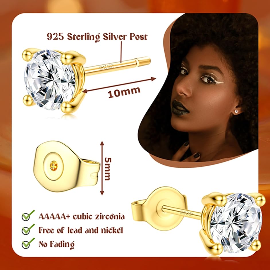 SAILIMUE Hypoallergenic Sterling Silver Stud Earrings for Women Men | Brilliant Heart Knot Round Cubic Zirconia Earring Studs for Sensitive Ears Gold Silver Tone - color: gold-A