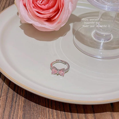Pink Cubic Zirconia Cute Bowknot Finger Rings 925 Sterling Silver 14K Gold Plated Adjustable Rhinestone Butterfly Bowkont Open Rings Wedding Jewelry for Women（Pink） - color: Pink