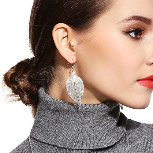 Filigree Long Leaf Pendant Dangle Necklace and Earring Jewelry Set | Beautiful Fashion Delicate Long Leaf Necklace Earrings For Women Trendy Boho - color: J-White Gold Earrings