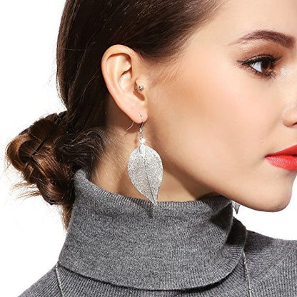 Filigree Long Leaf Pendant Dangle Necklace and Earring Jewelry Set | Beautiful Fashion Delicate Long Leaf Necklace Earrings For Women Trendy Boho - color: J-White Gold Earrings