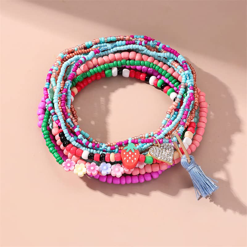 12 Pieces Colorful Elastic Beaded Anklets for Women Girls Handmade Beach Boho Colorful Beads Tassel Heart Flower Layered Anklets Set