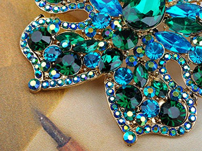 Alilang Golden Tone Sparkle Green Blue Crystal Rhinestones Butterfly Insect Brooch Lapel Pins for Hat Bag Suit Tie