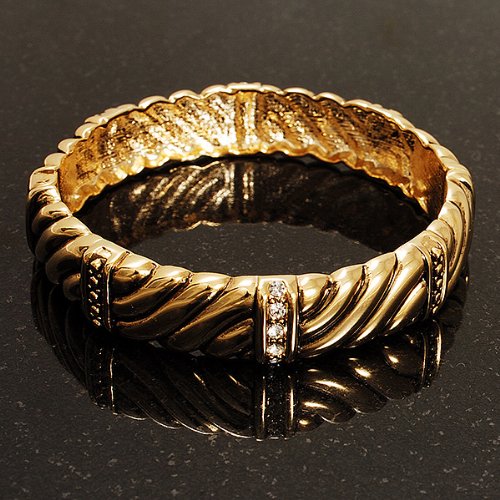 Avalaya Gold Plated Rope -Textured Crystal Hinged Bangle Bracelet