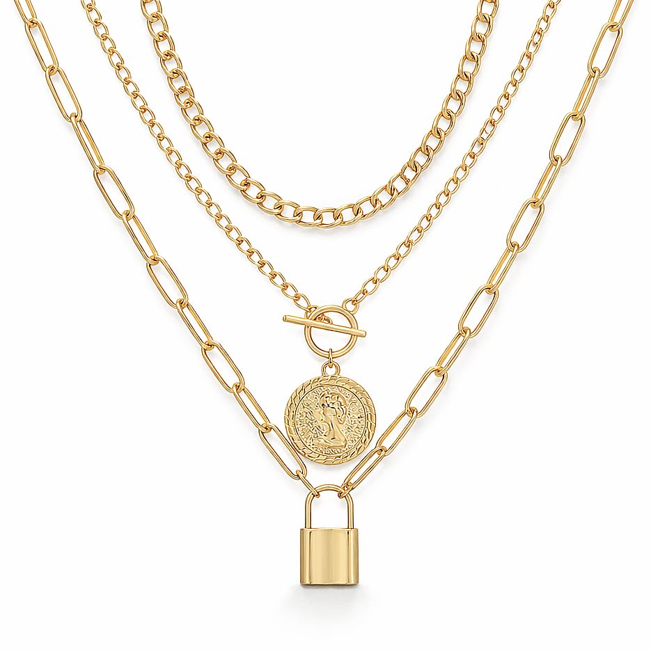 iF YOU Vintage Gold Layered Necklaces for Women Trendy, Chunky Cuban Link Paperclip Chains Necklace Stack, Coin Pendant Necklace Set Jewelry Gifts - style: 3-layer lock necklace