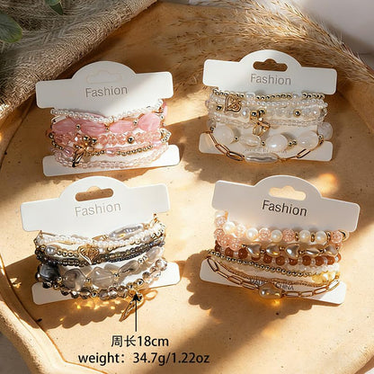 7PCS Boho Bohemia Multilayer Beaded Bracelet Set Stackable Crystal Bead Bracelets Heart Pearl Charms Multicolor Bohemian Stretch Bracelets for Women Summer Beach Jewelry Gifts - color: Pink