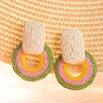 Statement Raffia Earrings Cute Boho Earrings Rattan Dangle Earrings Handmade Straw Wrap Earrings Summer Drop Dangling Earrings for Women Teen Girls - color: Green/Pink/Yellow