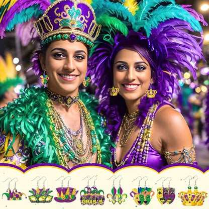 8 Pairs Mardi Gras Acrylic Earrings for Women | Mask Crown Fleur De Lis Earrings, Carnival Fat Tuesday Gifts Parade Party Accessory, Lightweight Acrylic, Double Sided - style: Mardi Gras Style A
