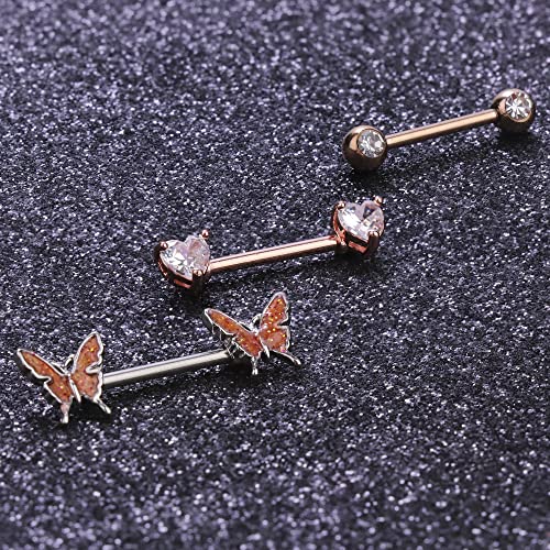 Besteel 8 Pairs Nipple Rings 14G Stainless Steel Nipplerings CZ Heart Butterfly Ball Tongue Barbell Rings Retainer Body Piercing Jewelry for Women