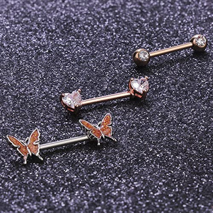 Besteel 8 Pairs Nipple Rings 14G Stainless Steel Nipplerings CZ Heart Butterfly Ball Tongue Barbell Rings Retainer Body Piercing Jewelry for Women