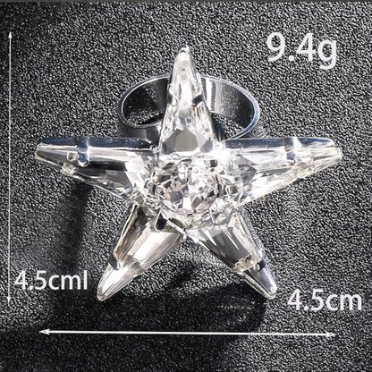 Exaggerated Large Star Rhinestone Statement Ring for Women Luxury Thick Chunky Big Crystal Stone Finger Knuckle Band Wrap Open Adjustable Rings Silver Oversized Fashion Wedding Cocktail Prom Party Jewelry Gift
