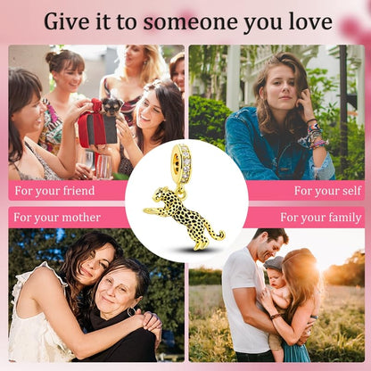 Charm for Bracelets and Necklaces Heart Cat Flower Boy 925 Sterling Silver Bead Birthday Jewelry Gift for Women - color: Gold Leopard Charm
