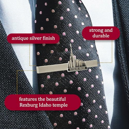 Silver Tie Clip by Ringmasters | LDS Temple Tie Clips for Men with Antique Silver Finish | Suit Accessories for Weddings, Church, & Formal Events | Versatile Tie Pin, (Rexburg Idaho)