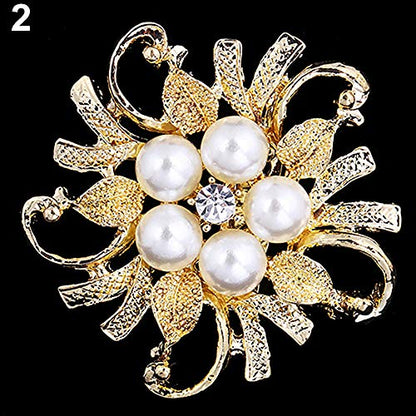 oAtm0eBcl Elegant Princess Brooch Pin, Women Luxury Glossy Faux Pearl Rhinestone Flower Bouquet Brooch Pin, Bridal Wedding Jewelry Gold