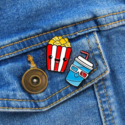 Enamel Pin Set (2 Pins Per Set) for Backpack, Bag, Lapel, Kawaii Button Collector - style: Popcorn & Soda