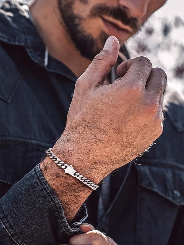 Bandmax Mens Hip Hop Cuban Link Bracelets 5/7/9/12MM Stainless Steel Miami Curb Chain Bracelet Silver/Gold Plated/Black Wristlet Chains for Men 7"-9" - color: 01 5MM-Steel