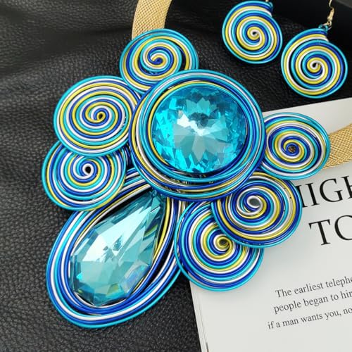 African Jewelry Sets Statement Big Crystal Pendent Necklace Earrings Set For Women Handmade Bib Collar Costume Tribal Fashion Accessories - color: KDLUN5306 Sky Blue