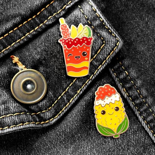 Enamel Pin Set (2 Pins Per Set) for Backpack, Bag, Lapel, Kawaii Button Collector - style: Chamoyada & Elote