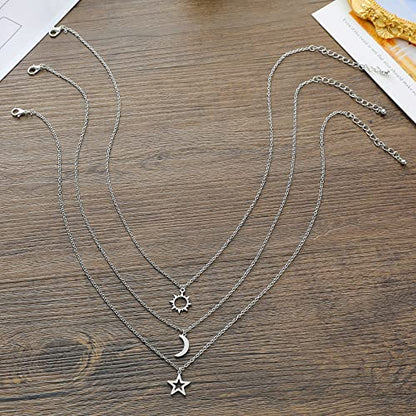 COLORFUL BLING Stainless Steel Sun and Moon Star Necklace 3 Best Friend Friendship Sister Set for Women Mom Daughter BFF Jewelry Gifts - color: yellow small