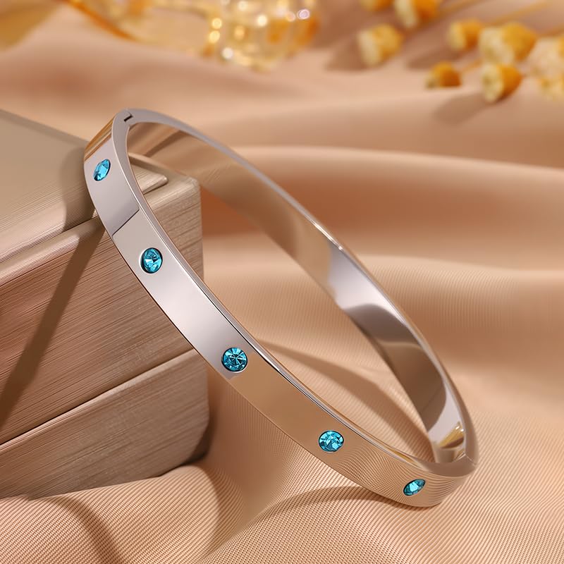 Women’s Silver Bracelet with Blue Crystals – Stainless Steel Slim Hinged Bangle