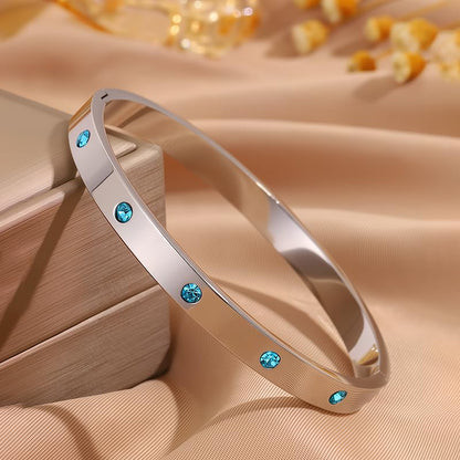 Women’s Silver Bracelet with Blue Crystals – Stainless Steel Slim Hinged Bangle