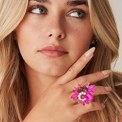 CSY Luxury Froral Cocktail Statement Rings Stretch Adjustable Ring | Gorgeous Women's Austrian Crystal Leaves Flower Big Cocktail Statement Rings Stretch Adjustable Ring Jewelry Accessories - color: hot pink crystal-gold tone