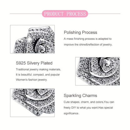 925 Sterling Silver Bead Charm for Pandora Bracelets and Necklaces,Pink Bow Cherry Butterfly Blue Ocean Pendant Bead Charms Jewelry Present Valentines Gifts for Wife/Girlfriend Women - style: Big Silver Sparkling Rose